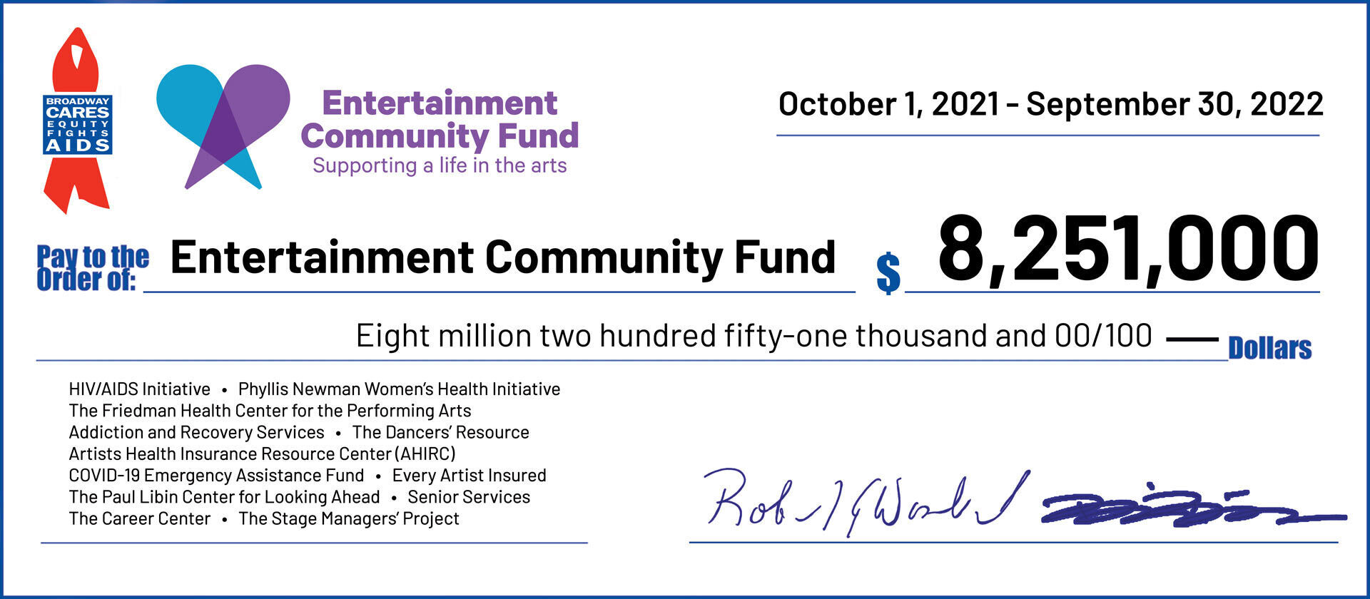 2022 Entertainment Community Fund Grant Check